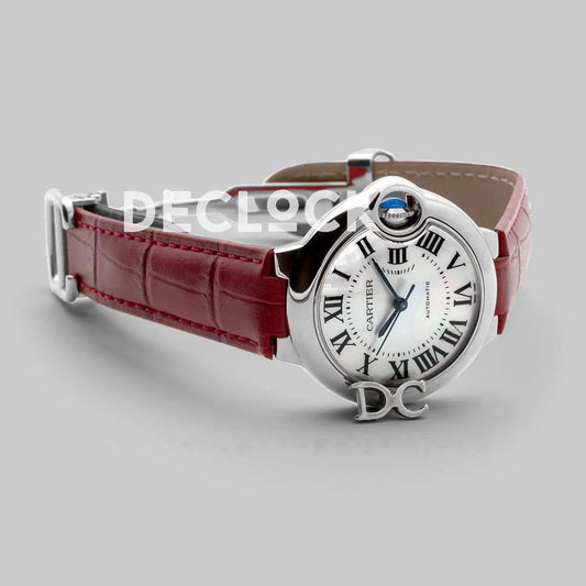 Replica Cartier Ballon Bleu De Cartier 36mm White Dial with Roman Numeral Markers in White Gold on Red Leather Strap |  Declock.
