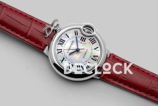 Replica Cartier Ballon Bleu De Cartier 36mm White Dial with Roman Numeral Markers in White Gold on Red Leather Strap |  Declock.