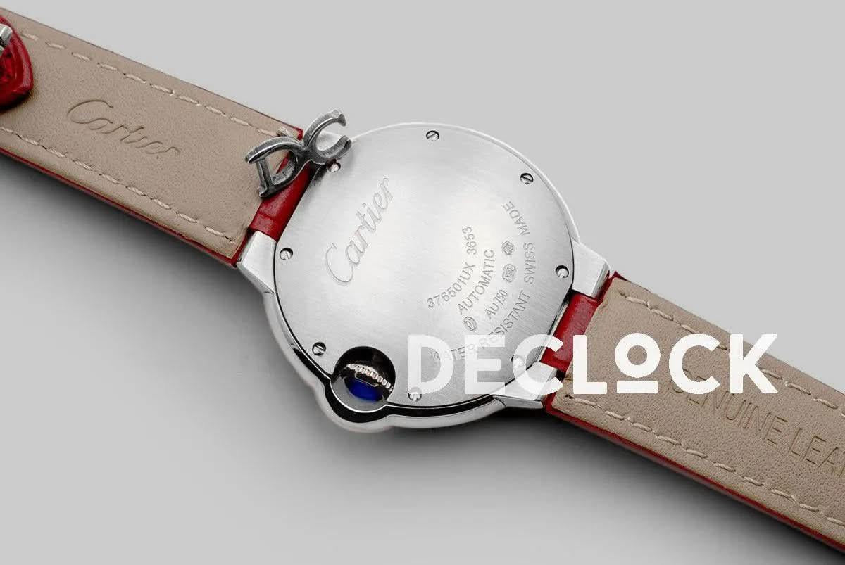Replica Cartier Ballon Bleu De Cartier 36mm White Dial with Roman Numeral Markers in White Gold on Red Leather Strap |  Declock.