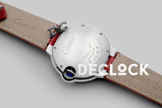 Replica Cartier Ballon Bleu De Cartier 36mm White Dial with Roman Numeral Markers in White Gold on Red Leather Strap |  Declock.