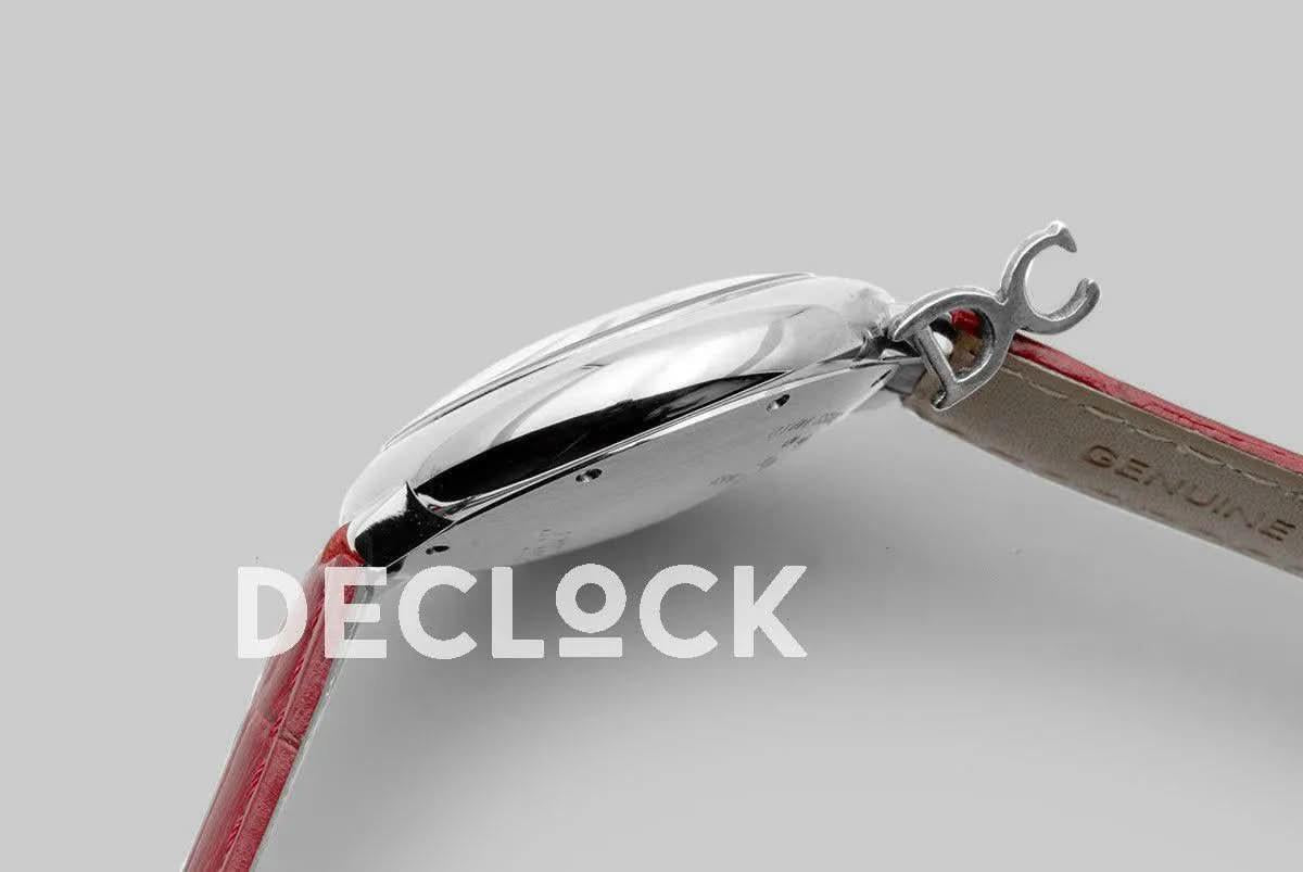 Replica Cartier Ballon Bleu De Cartier 36mm White Dial with Roman Numeral Markers in White Gold on Red Leather Strap |  Declock.