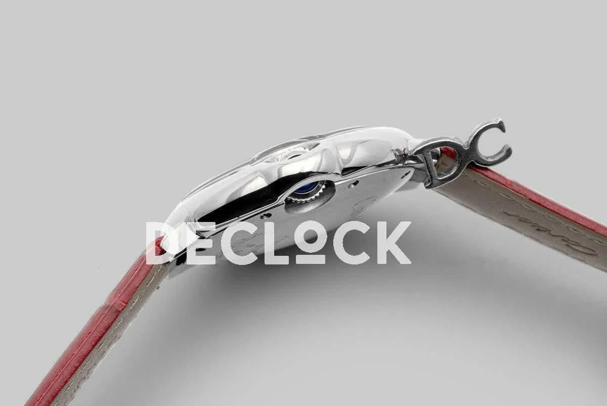 Replica Cartier Ballon Bleu De Cartier 36mm White Dial with Roman Numeral Markers in White Gold on Red Leather Strap |  Declock.