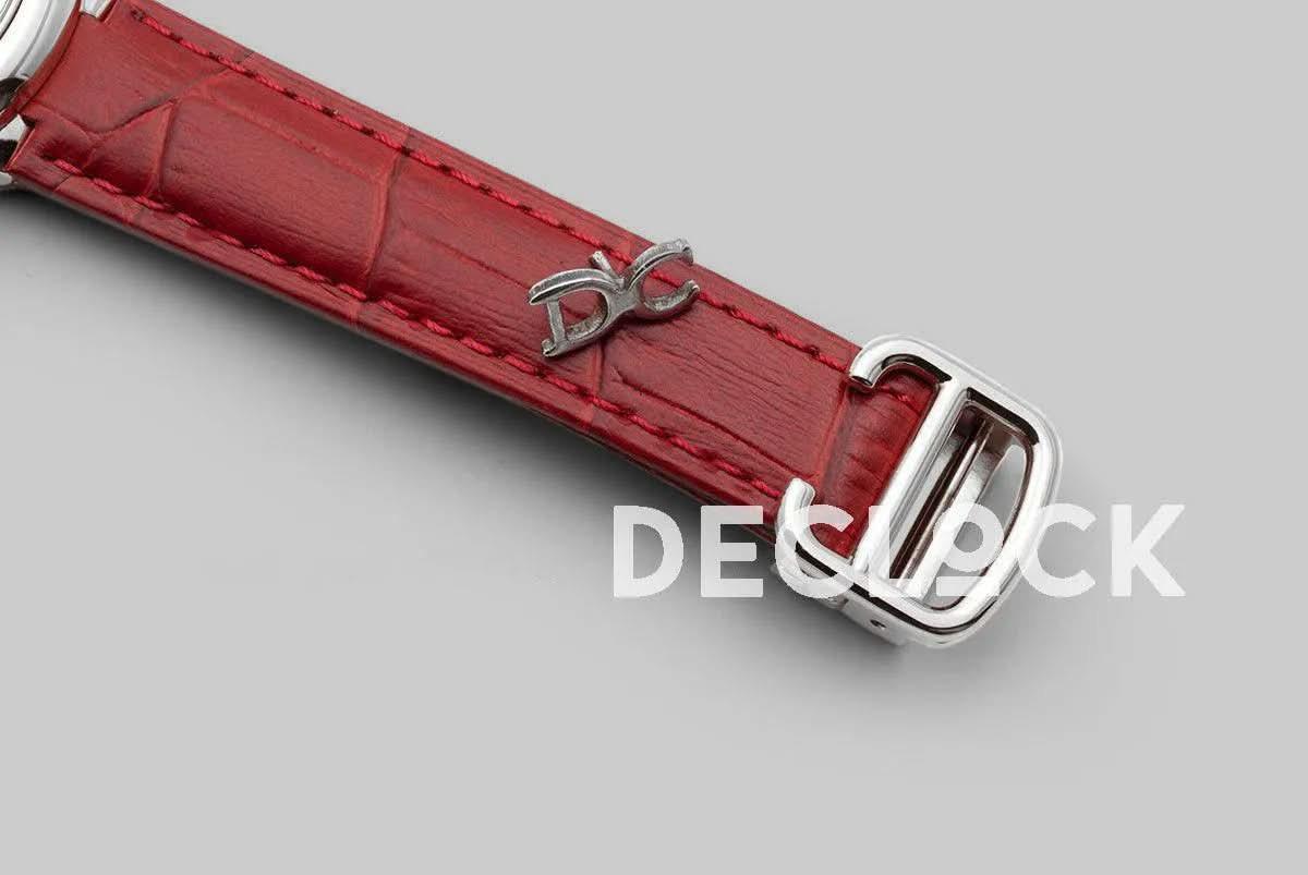 Replica Cartier Ballon Bleu De Cartier 36mm White Dial with Roman Numeral Markers in White Gold on Red Leather Strap |  Declock.