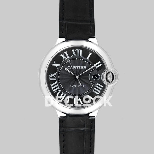 Replica Cartier Ballon Bleu De Cartier 42mm Black Dial in Steel on Black Leather Strap | Declock.