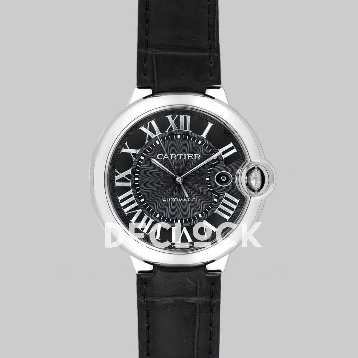 Replica Cartier Ballon Bleu De Cartier 42mm Black Dial in Steel on Black Leather Strap |  Declock.