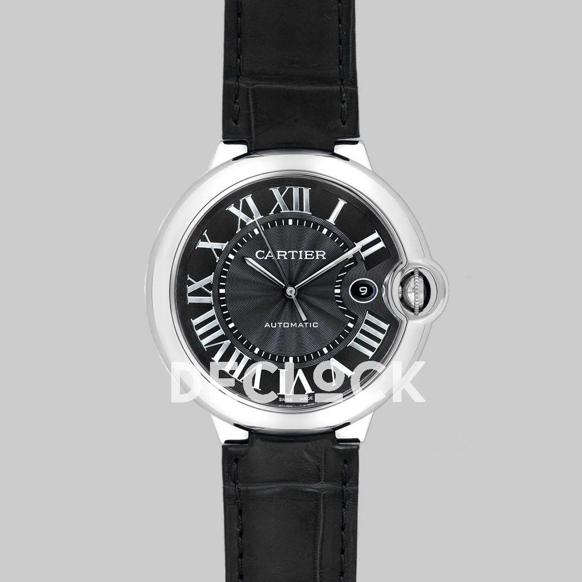 Replica Cartier Ballon Bleu De Cartier 42mm Black Dial in Steel on Black Leather Strap