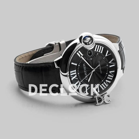 Replica Cartier Ballon Bleu De Cartier 42mm Black Dial in Steel on Black Leather Strap | Declock.