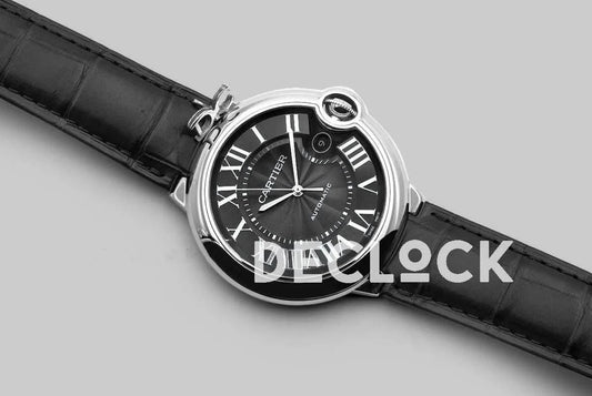 Replica Cartier Ballon Bleu De Cartier 42mm Black Dial in Steel on Black Leather Strap | Declock.