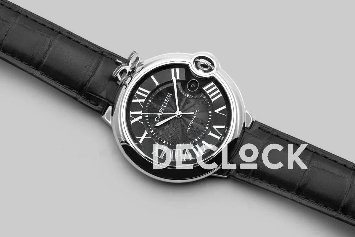 Replica Cartier Ballon Bleu De Cartier 42mm Black Dial in Steel on Black Leather Strap |  Declock.