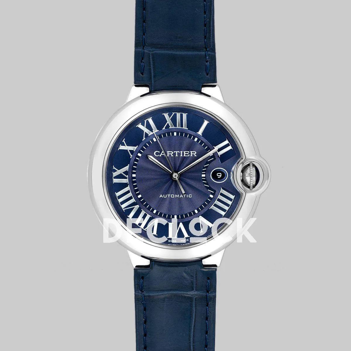 Replica Cartier Ballon Bleu De Cartier 42mm Blue Dial in Steel on Blue Leather Strap