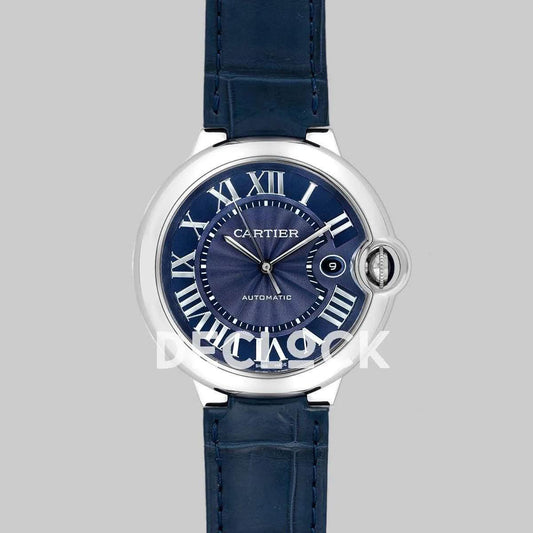 Replica Cartier Ballon Bleu De Cartier 42mm Blue Dial in Steel on Blue Leather Strap | Declock.