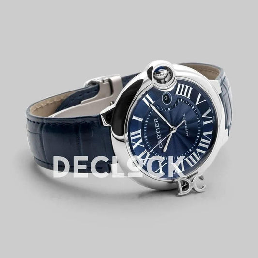 Replica Cartier Ballon Bleu De Cartier 42mm Blue Dial in Steel on Blue Leather Strap |  Declock.