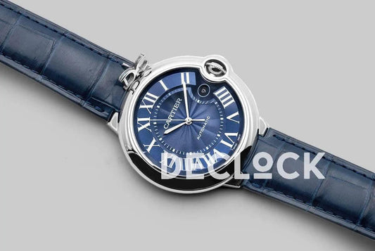 Replica Cartier Ballon Bleu De Cartier 42mm Blue Dial in Steel on Blue Leather Strap |  Declock.