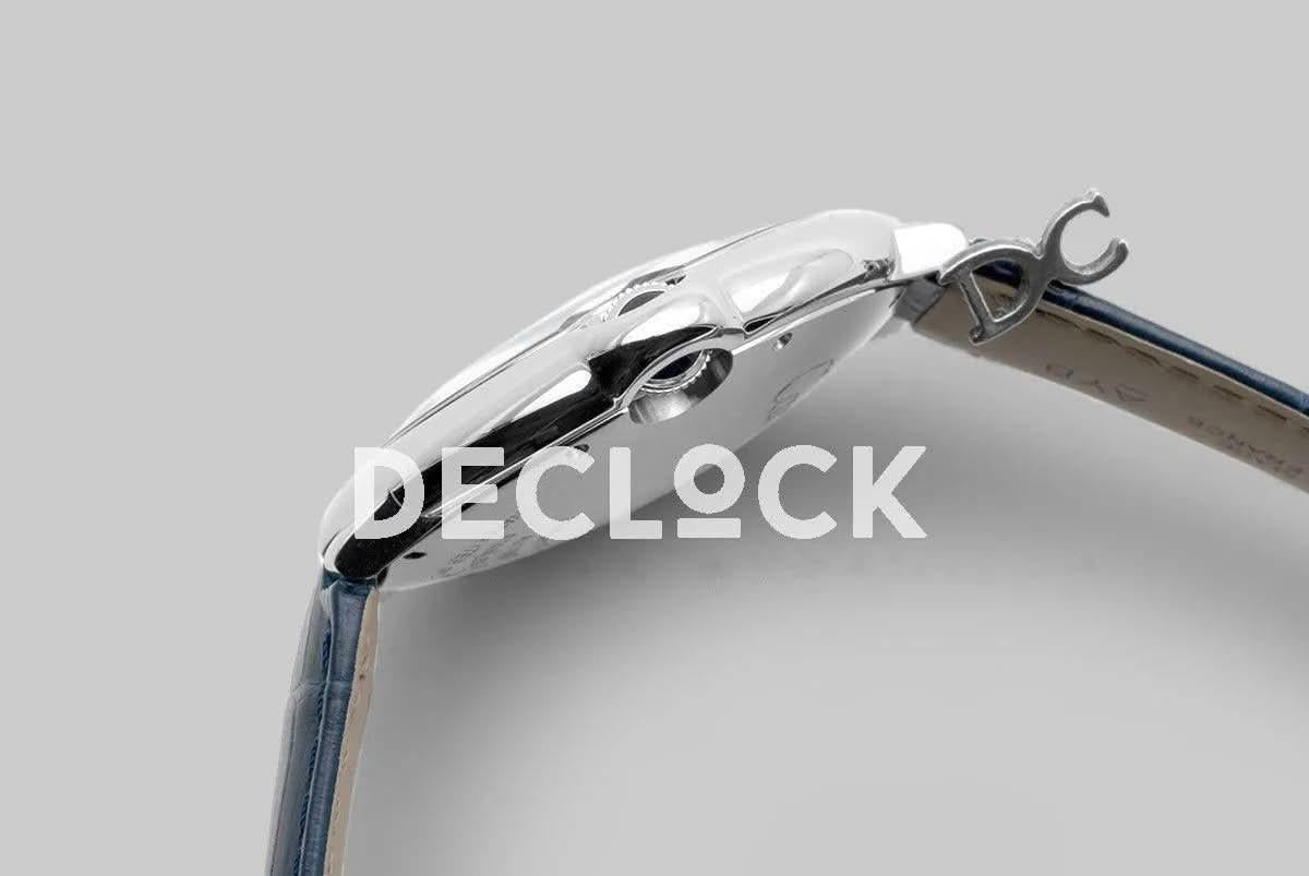 Replica Cartier Ballon Bleu De Cartier 42mm Blue Dial in Steel on Blue Leather Strap |  Declock.