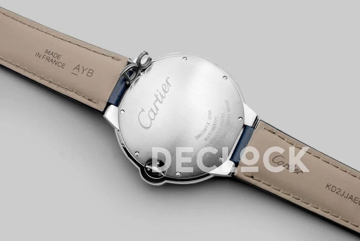 Replica Cartier Ballon Bleu De Cartier 42mm Blue Dial in Steel on Blue Leather Strap |  Declock.