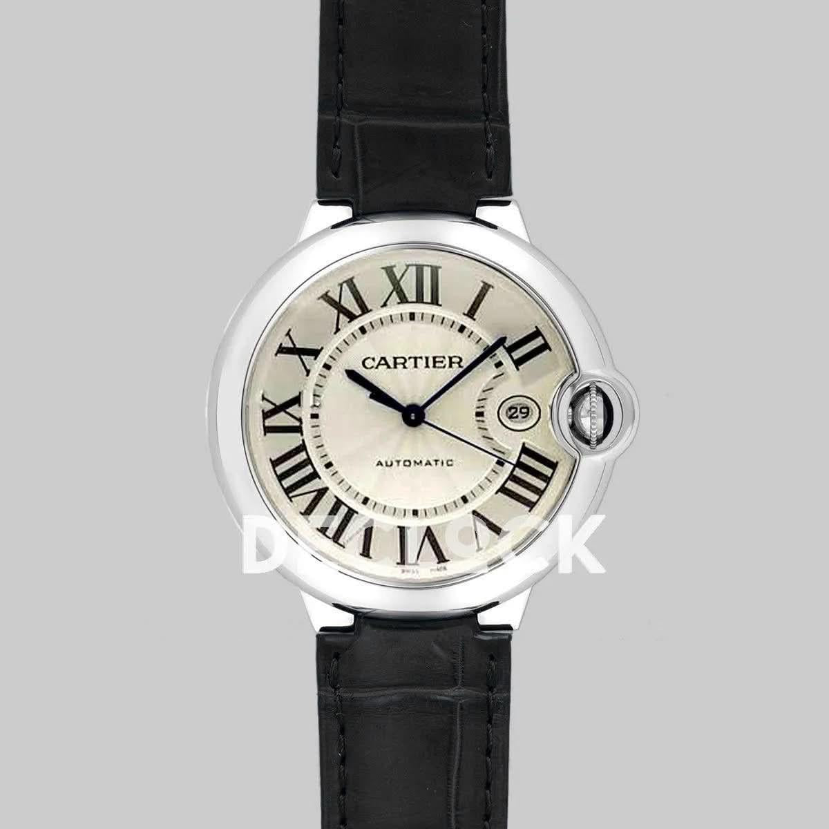 Replica Cartier Ballon Bleu De Cartier 42mm White Dial in Steel on Black Leather Strap |  Declock.