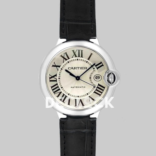 Replica Cartier Ballon Bleu De Cartier 42mm White Dial in Steel on Black Leather Strap | Declock.