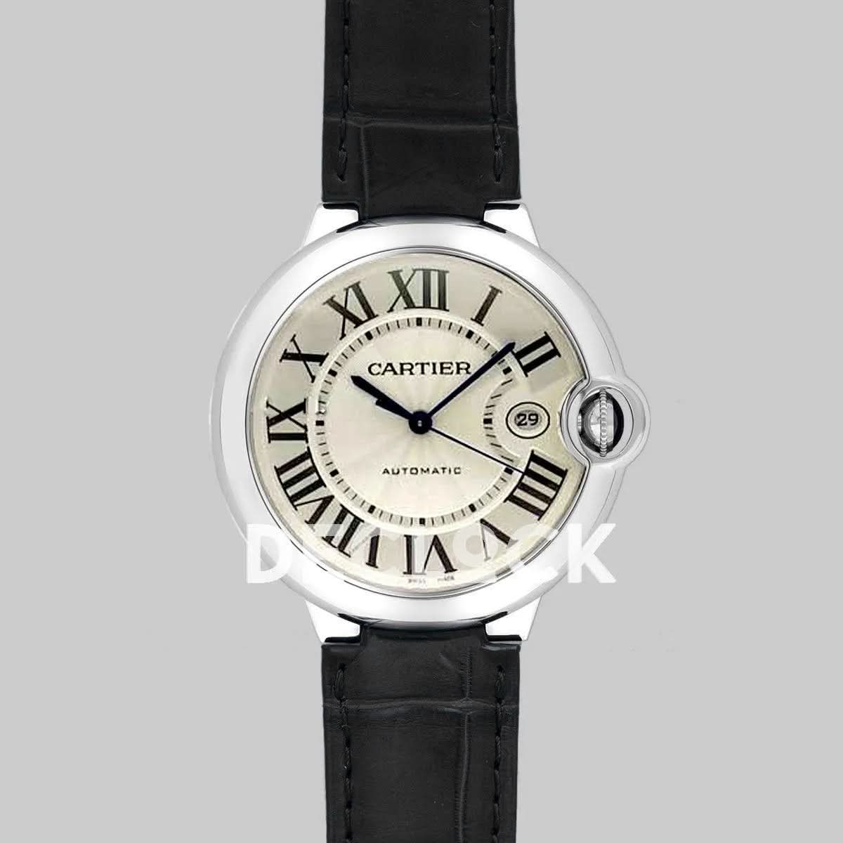 Replica Cartier Ballon Bleu De Cartier 42mm White Dial in Steel on Black Leather Strap