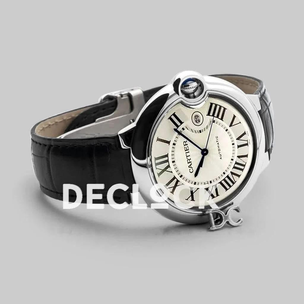 Replica Cartier Ballon Bleu De Cartier 42mm White Dial in Steel on Black Leather Strap |  Declock.
