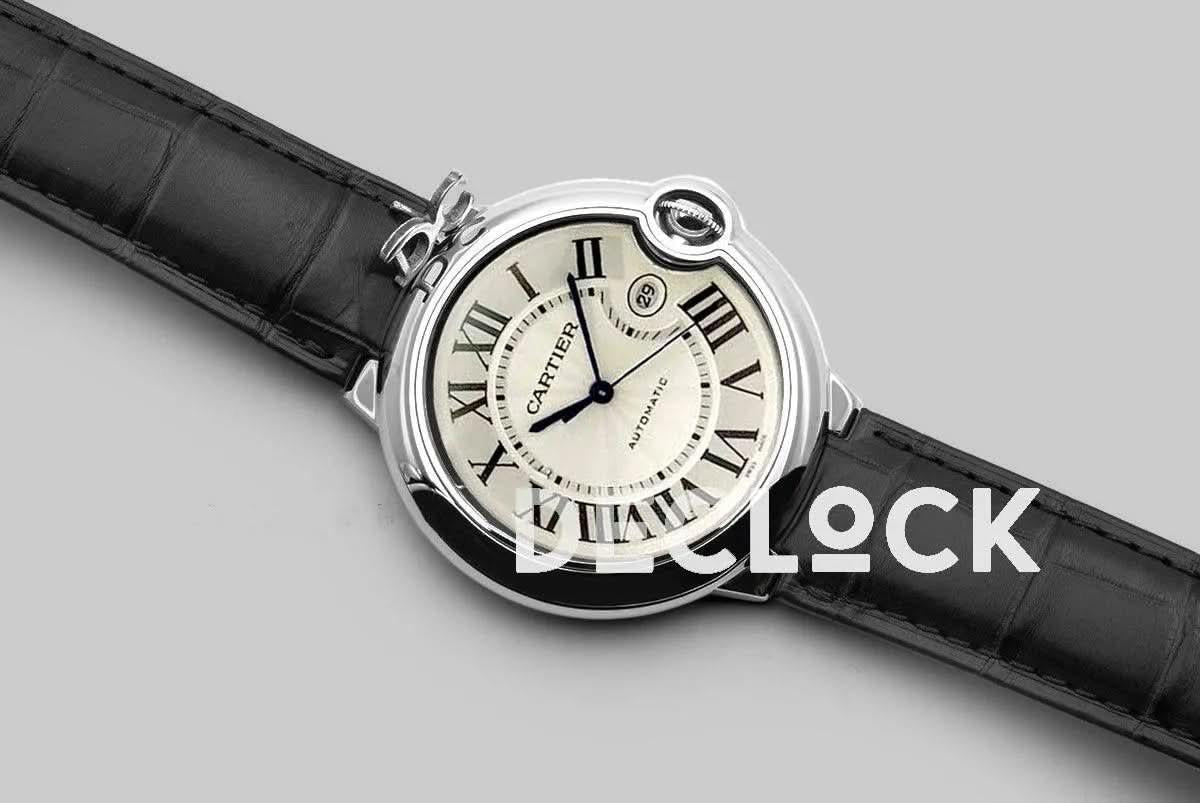 Replica Cartier Ballon Bleu De Cartier 42mm White Dial in Steel on Black Leather Strap |  Declock.