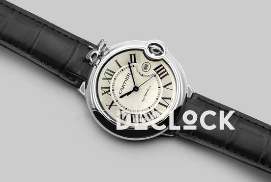 Replica Cartier Ballon Bleu De Cartier 42mm White Dial in Steel on Black Leather Strap | Declock.