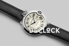 Replica Cartier Ballon Bleu De Cartier 42mm White Dial in Steel on Black Leather Strap