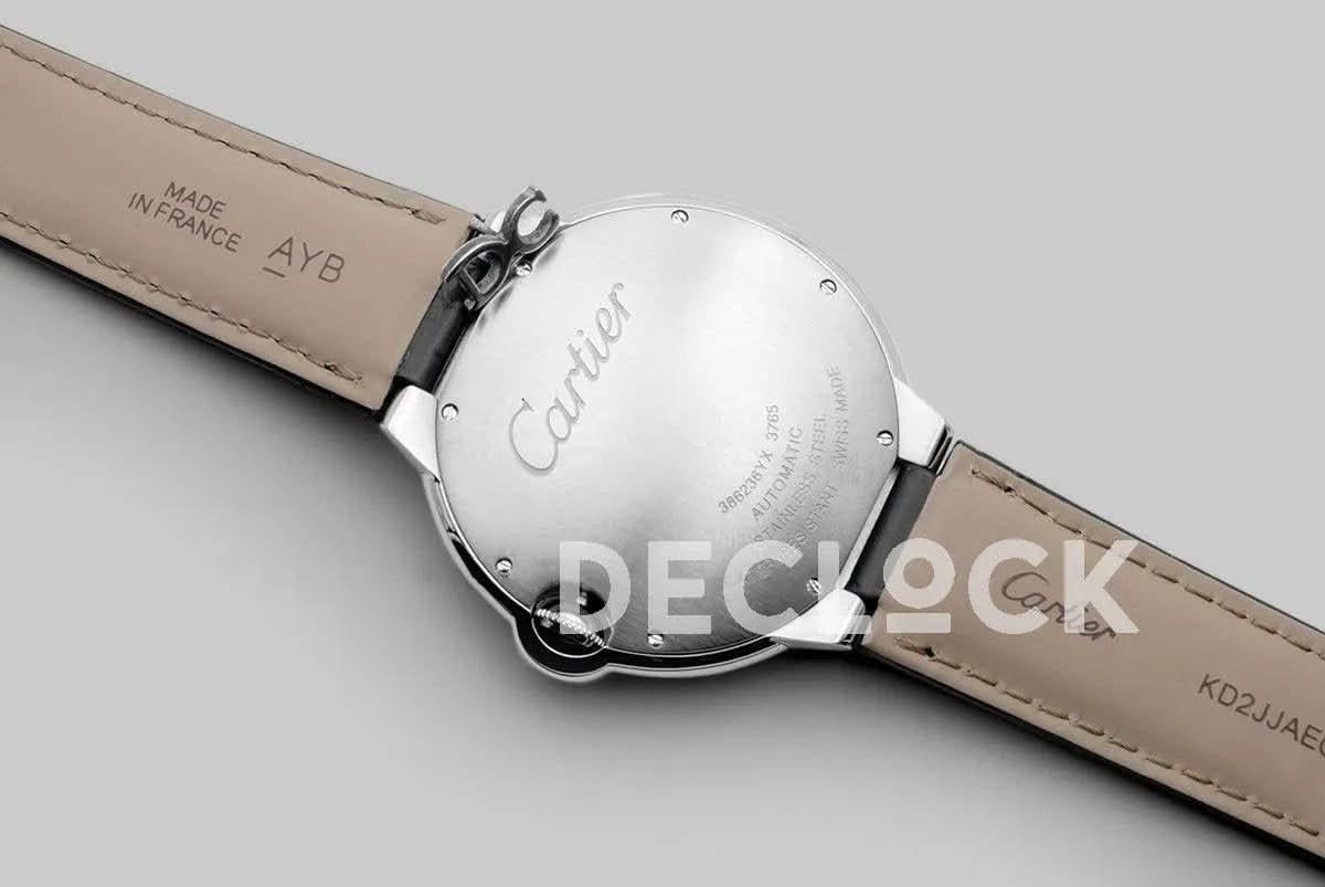 Replica Cartier Ballon Bleu De Cartier 42mm White Dial in Steel on Black Leather Strap |  Declock.