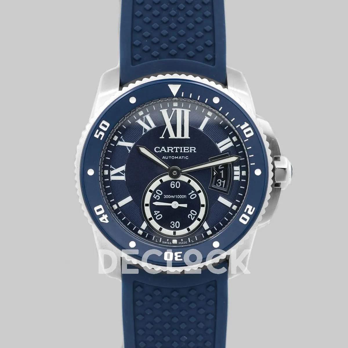 Replica Cartier Calibre de Cartier Diver Blue Dial in Steel on Blue Bezel |  Declock.