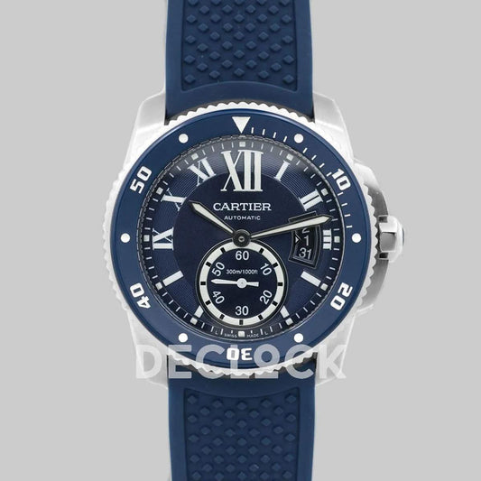Replica Cartier Calibre de Cartier Diver Blue Dial in Steel on Blue Bezel |  Declock.