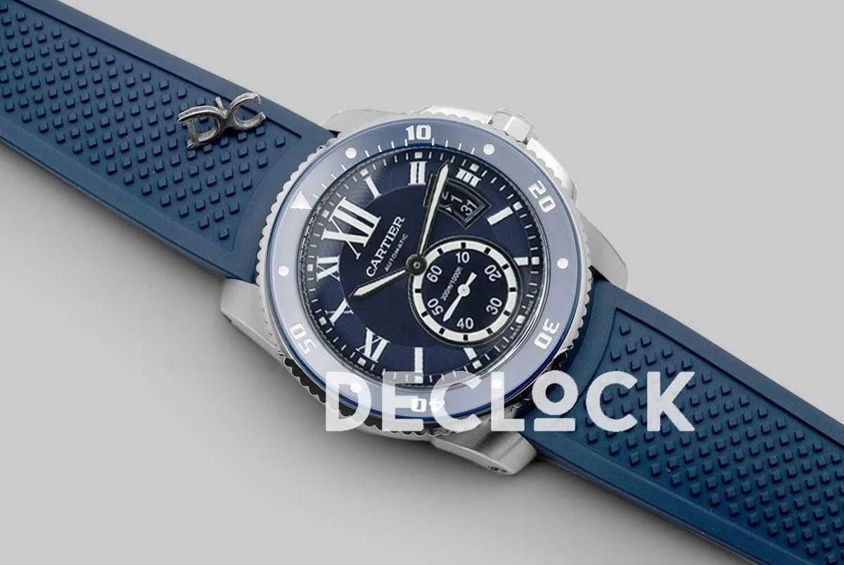 Replica Cartier Calibre de Cartier Diver Blue Dial in Steel on Blue Bezel |  Declock.