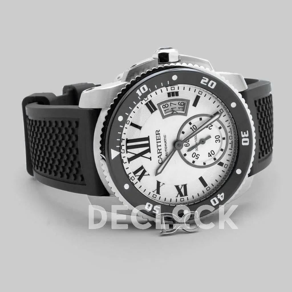 Replica Cartier Calibre de Cartier Diver White Dial in Steel on Black Bezel |  Declock.