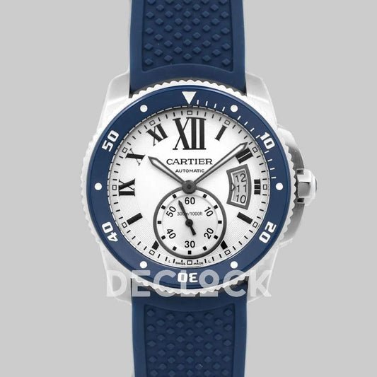 Replica Cartier Calibre de Cartier Diver White Dial in Steel on Blue Bezel | Declock.