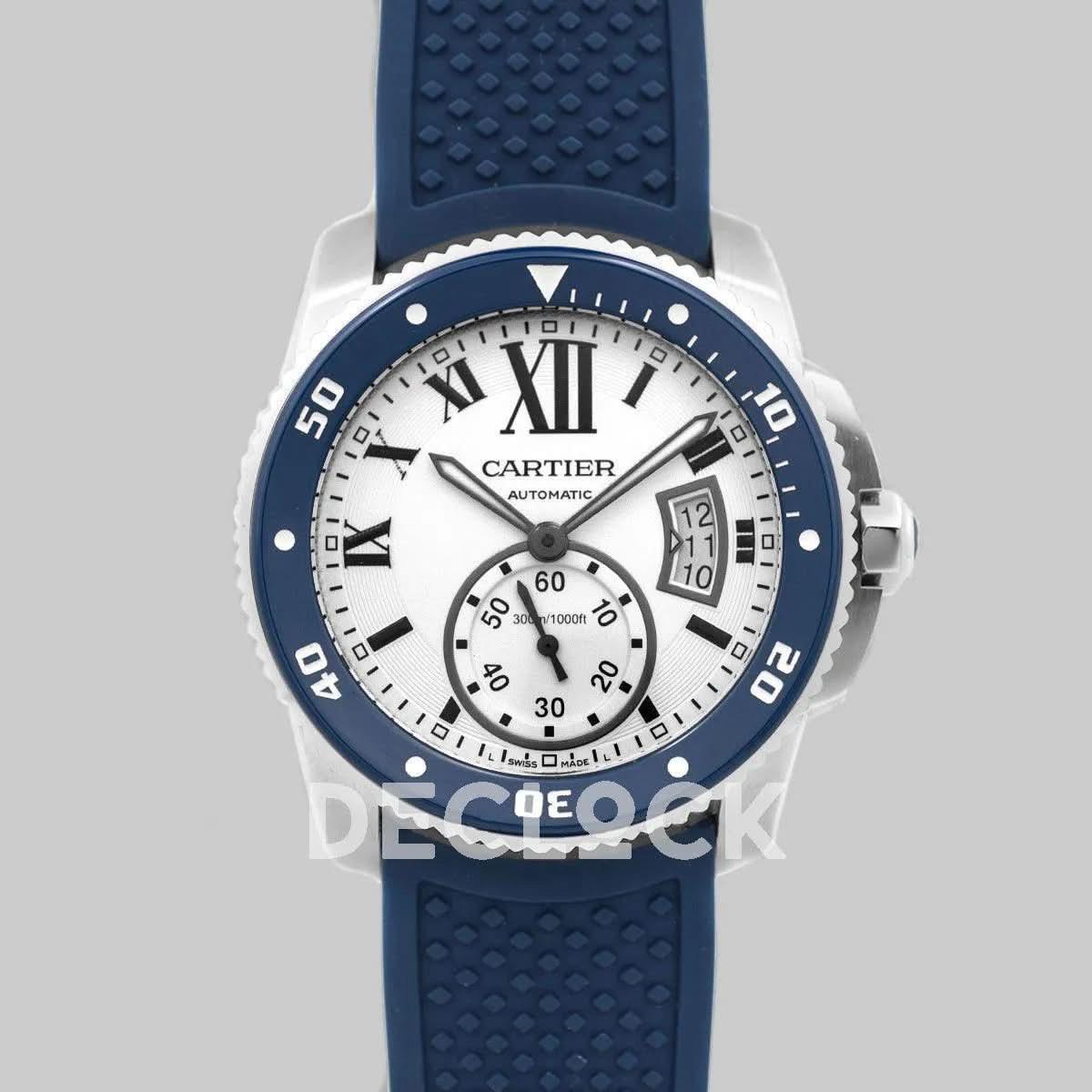 Replica Cartier Calibre de Cartier Diver White Dial in Steel on Blue Bezel |  Declock.