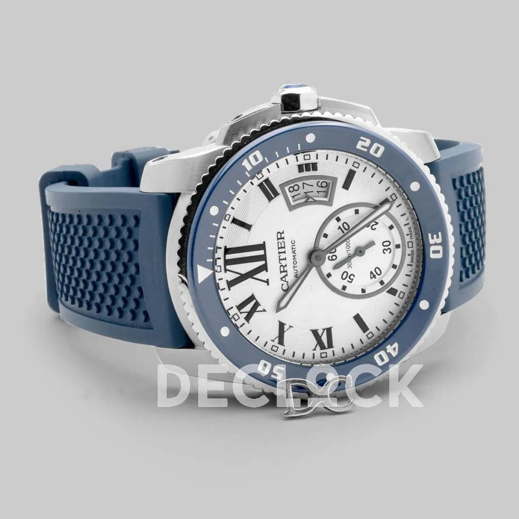 Replica Cartier Calibre de Cartier Diver White Dial in Steel on Blue Bezel