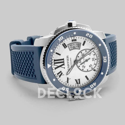 Replica Cartier Calibre de Cartier Diver White Dial in Steel on Blue Bezel | Declock.