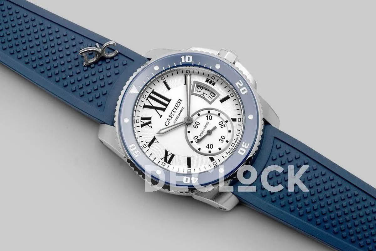 Replica Cartier Calibre de Cartier Diver White Dial in Steel on Blue Bezel |  Declock.