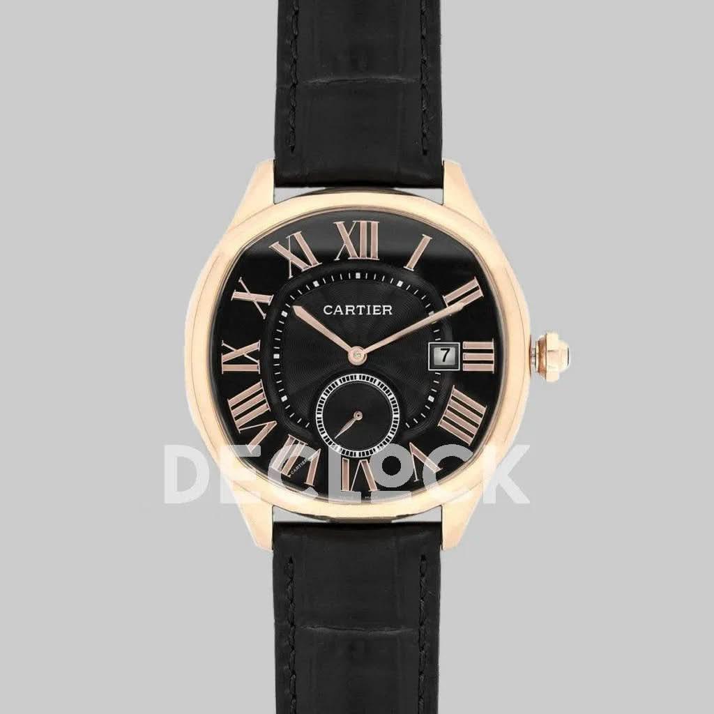 Replica Cartier Drive de Cartier Black Dial in Rose Gold on Black Leather Strap |  Declock.