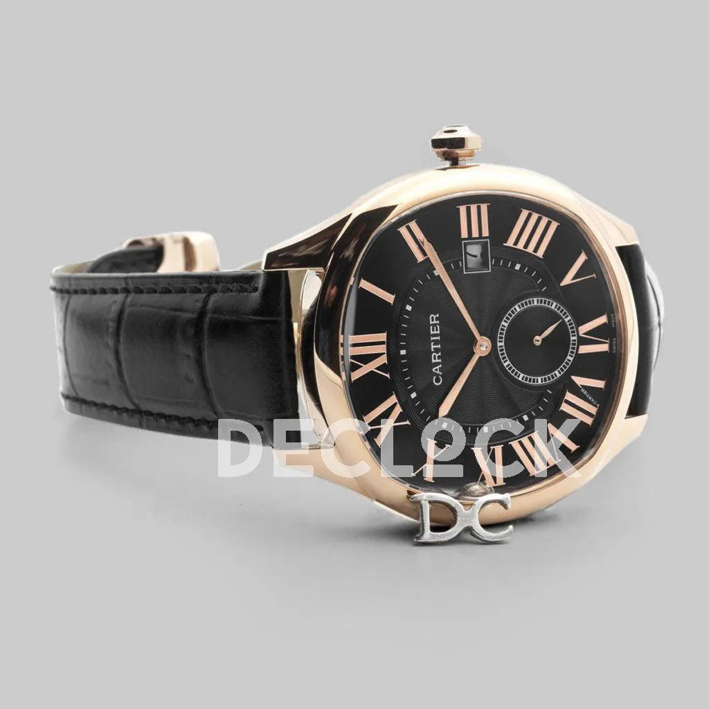 Replica Cartier Drive de Cartier Black Dial in Rose Gold on Black Leather Strap