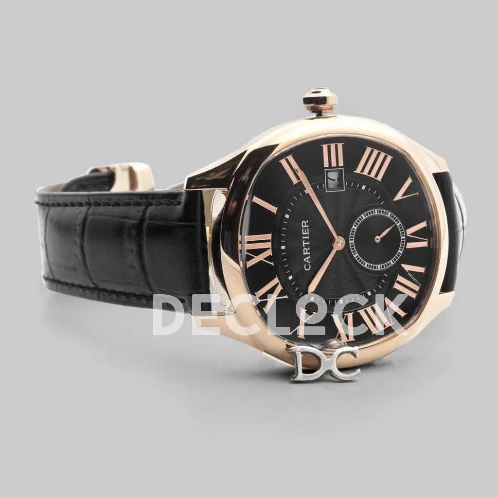 Replica Cartier Drive de Cartier Black Dial in Rose Gold on Black Leather Strap |  Declock.