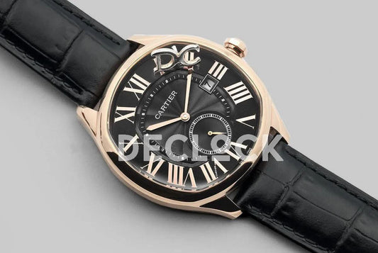 Replica Cartier Drive de Cartier Black Dial in Rose Gold on Black Leather Strap | Declock.