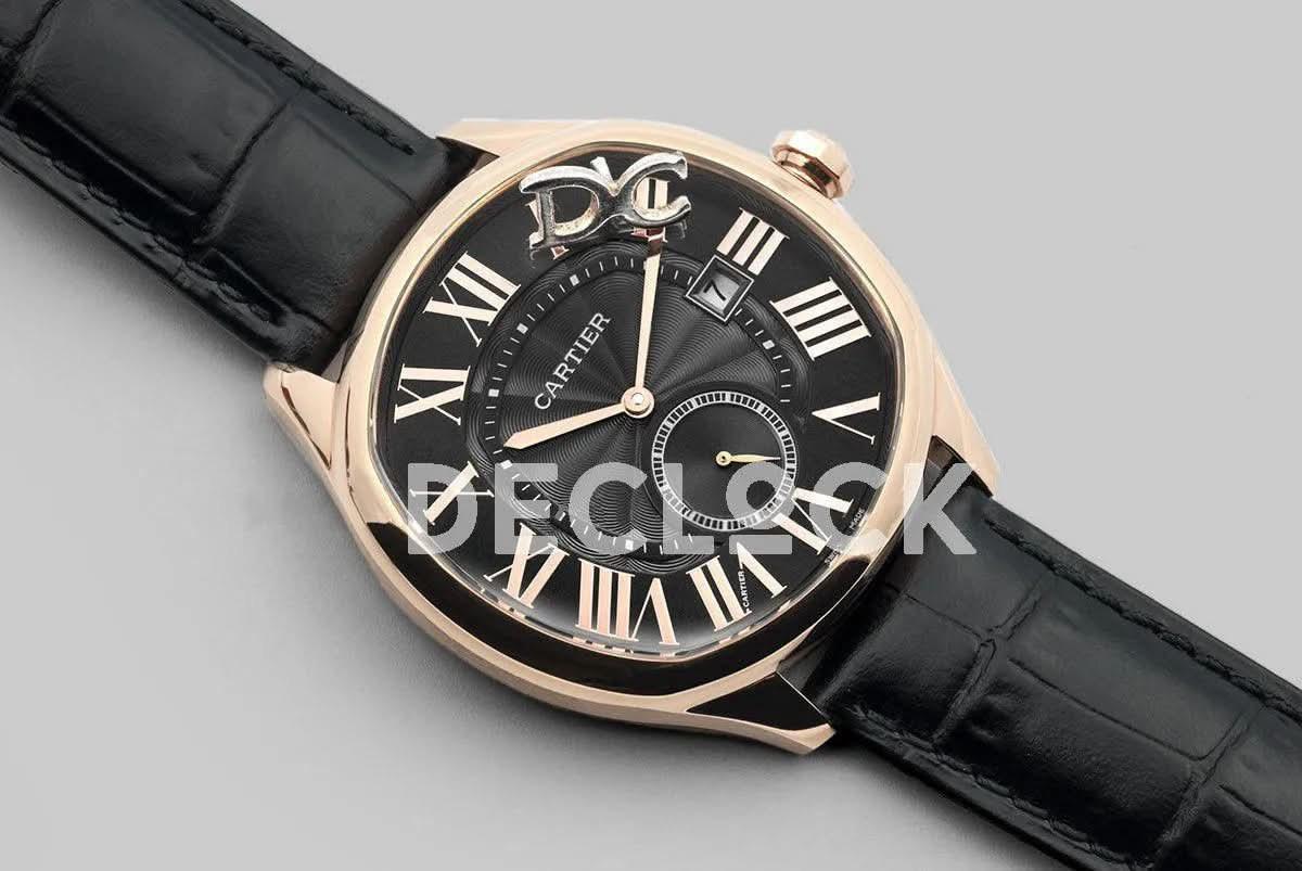 Replica Cartier Drive de Cartier Black Dial in Rose Gold on Black Leather Strap |  Declock.