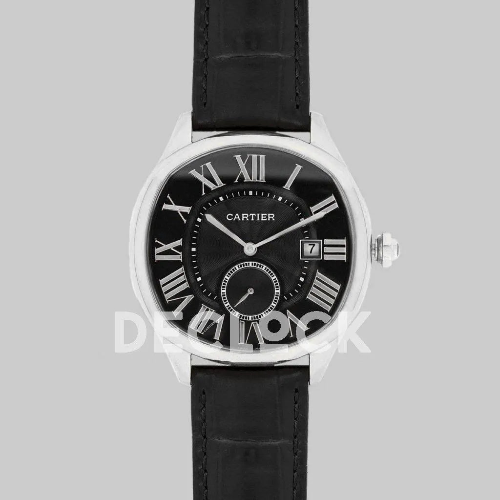 Replica Cartier Drive de Cartier Black Dial in Steel on Black Leather Strap