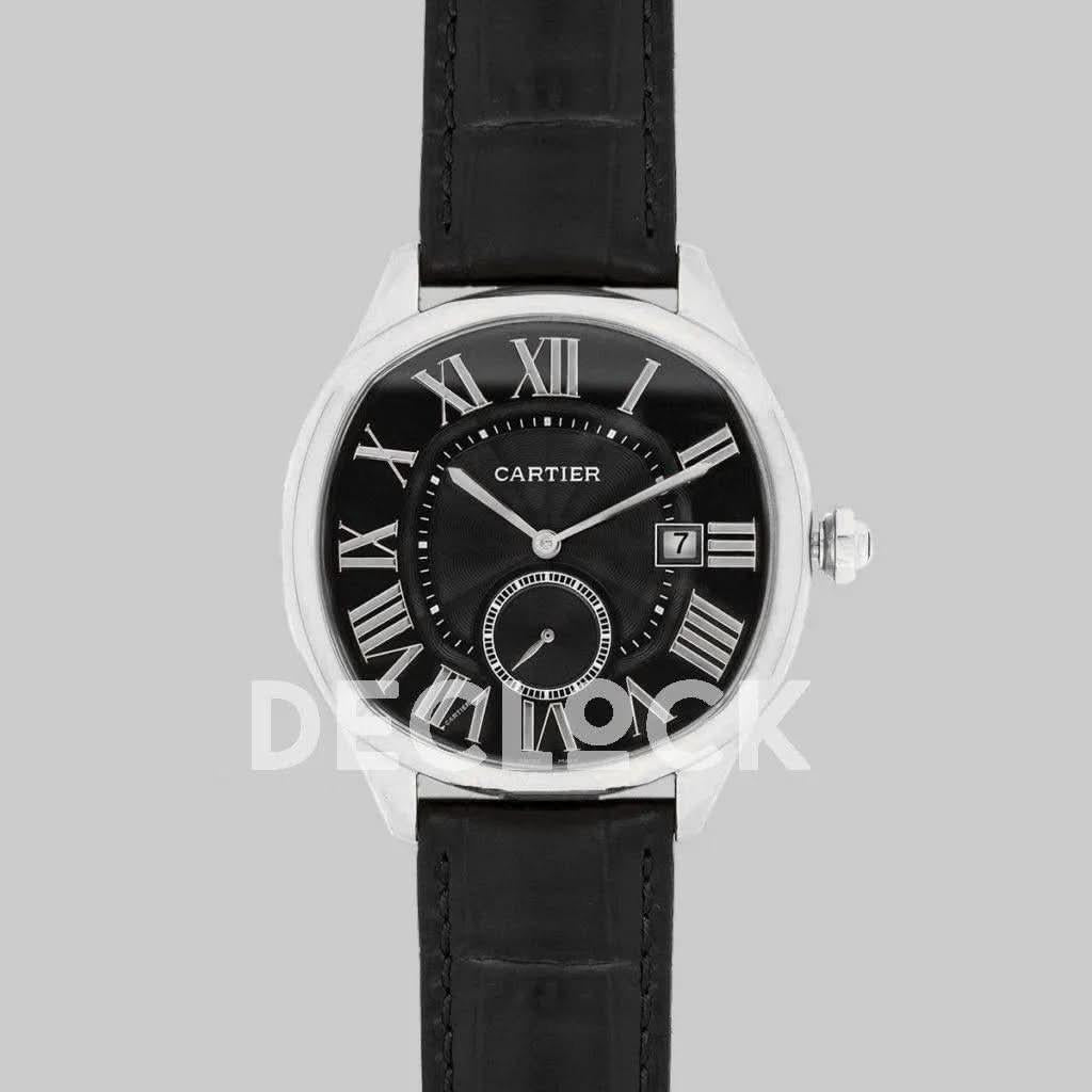 Replica Cartier Drive de Cartier Black Dial in Steel on Black Leather Strap |  Declock.