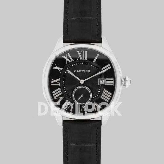 Replica Cartier Drive de Cartier Black Dial in Steel on Black Leather Strap | Declock.
