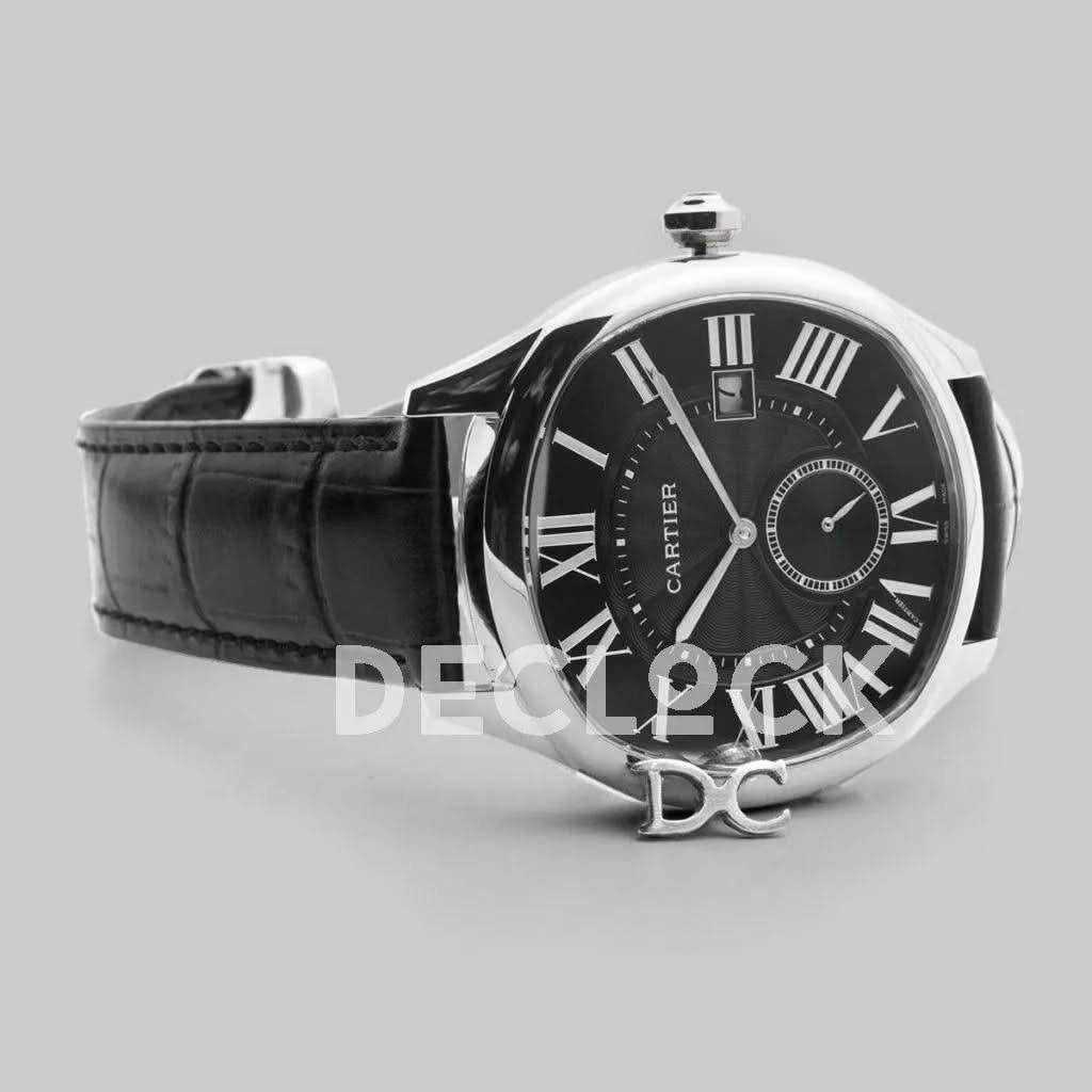Replica Cartier Drive de Cartier Black Dial in Steel on Black Leather Strap |  Declock.