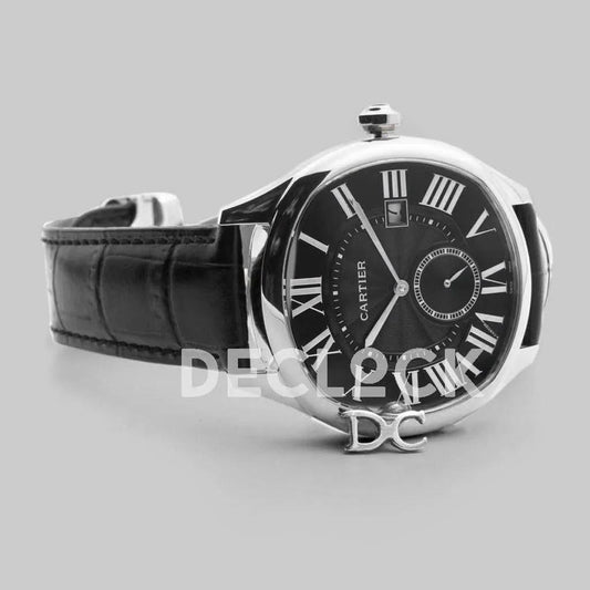 Replica Cartier Drive de Cartier Black Dial in Steel on Black Leather Strap |  Declock.