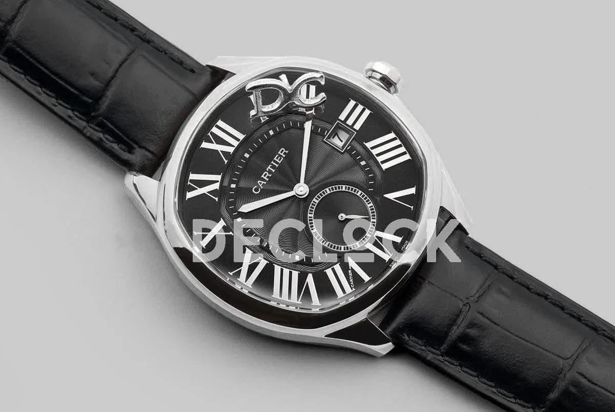 Replica Cartier Drive de Cartier Black Dial in Steel on Black Leather Strap |  Declock.
