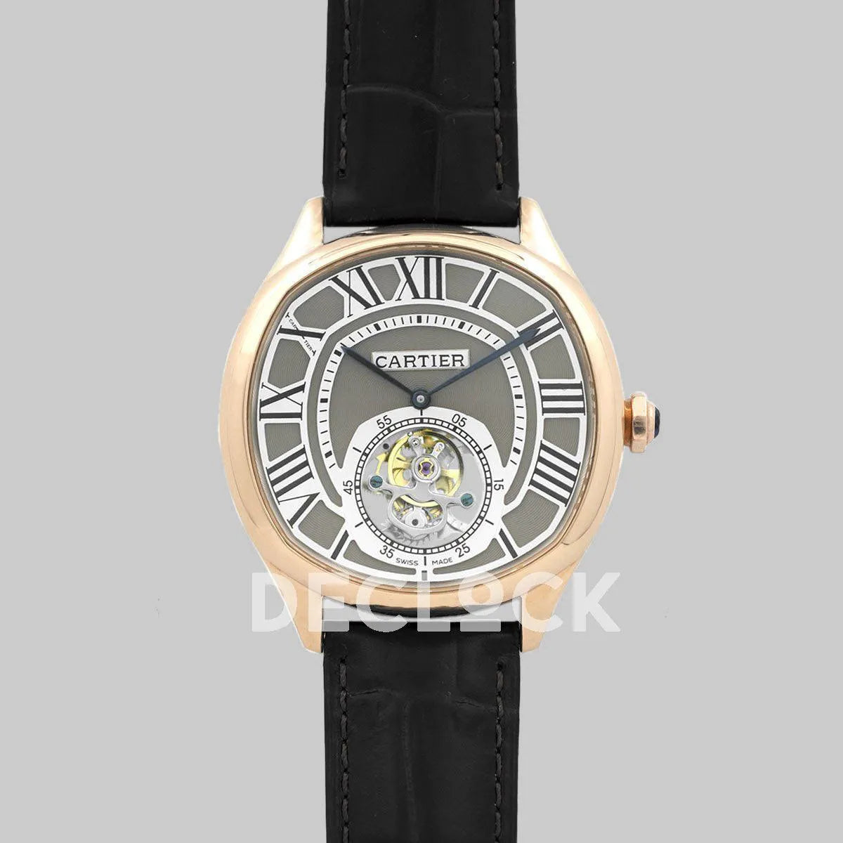 Replica Cartier Drive de Cartier Tourbillon Grey Dial in Rose Gold on Black Leather Strap