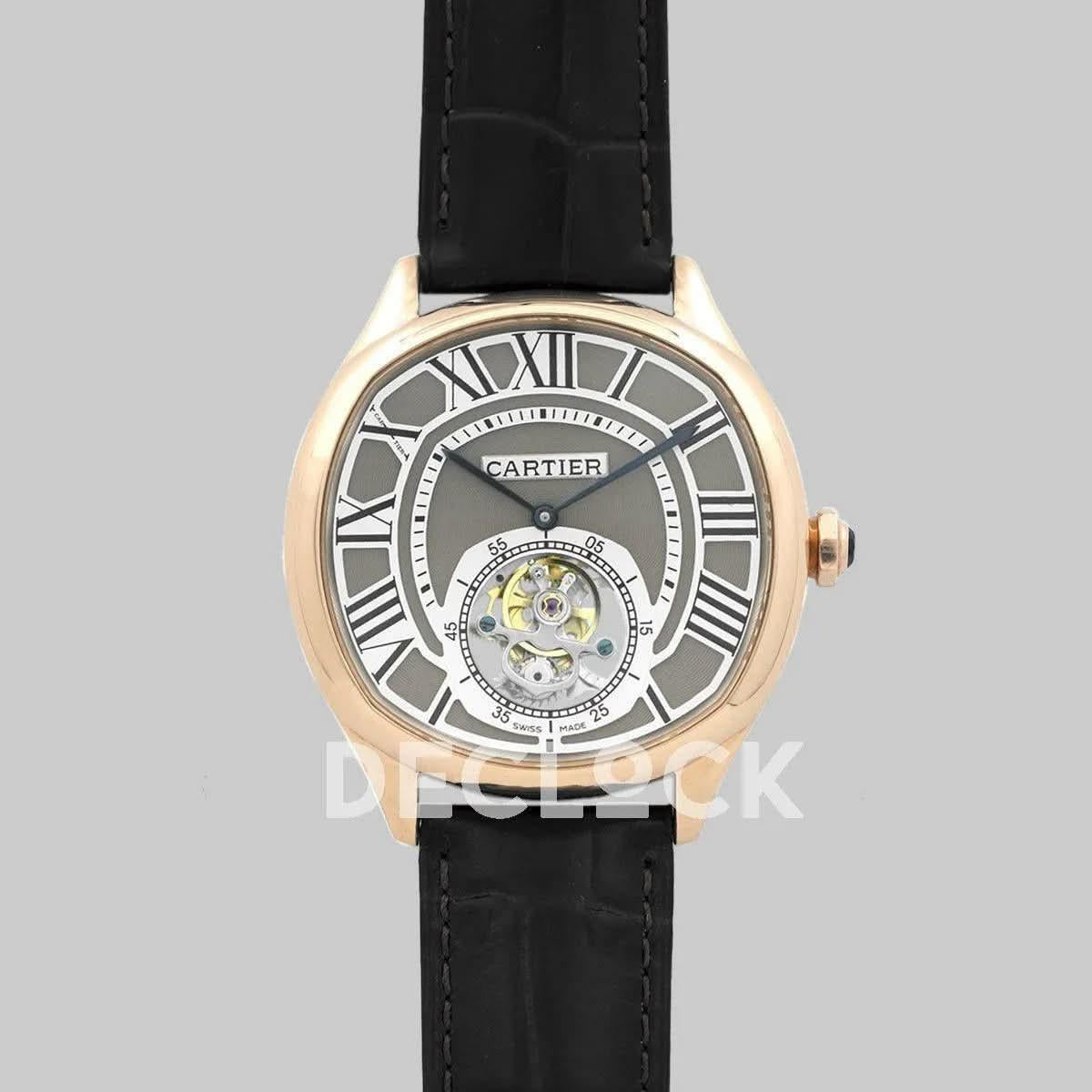 Replica Cartier Drive de Cartier Tourbillon Grey Dial in Rose Gold on Black Leather Strap |  Declock.
