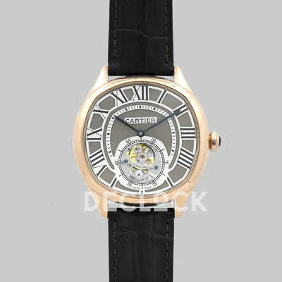 Replica Cartier Drive de Cartier Tourbillon Grey Dial in Rose Gold on Black Leather Strap